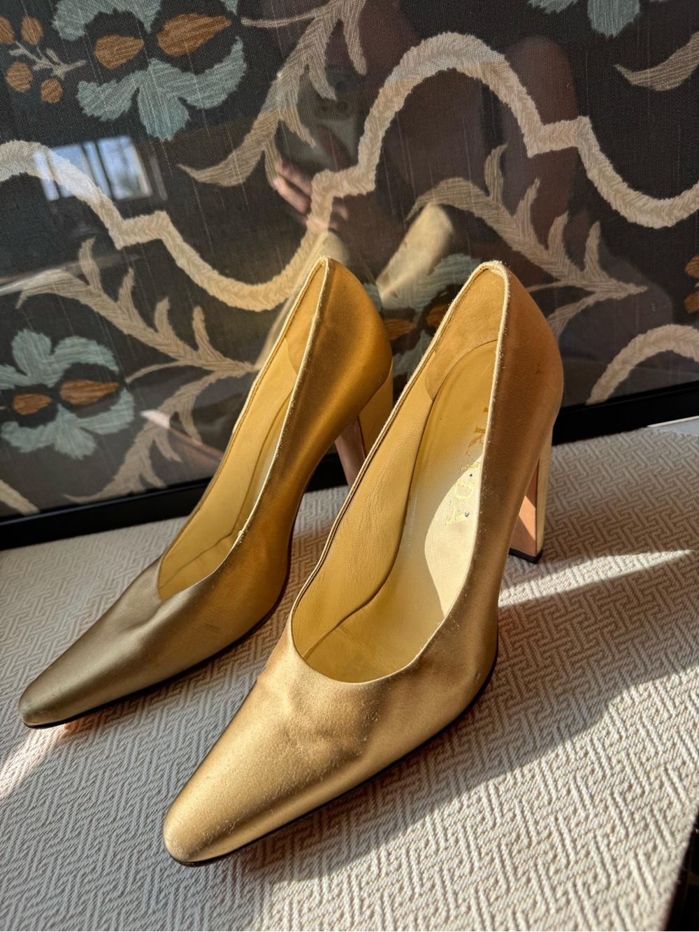Vintage Prada Gold Satin Pumps Heels Size 37.5 Made in Italy us 7.5